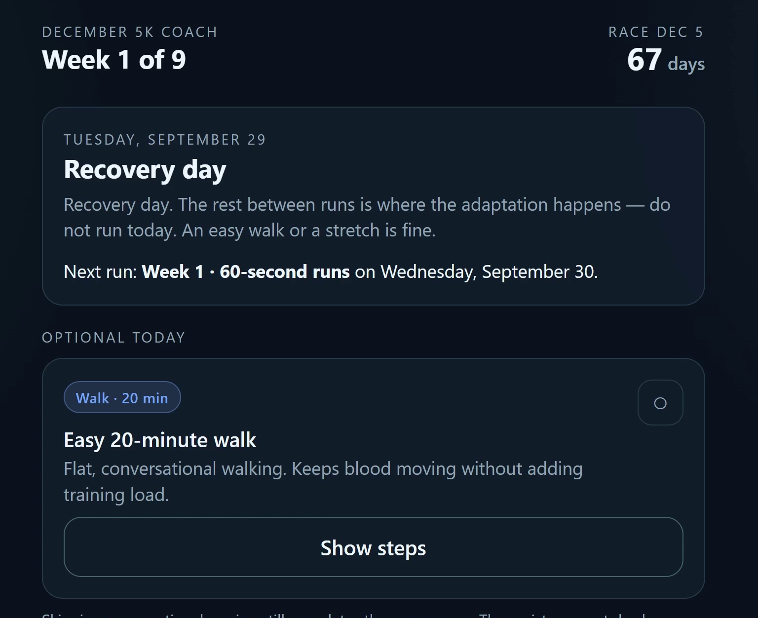 5K training coach app showing a recovery day and the weekly plan