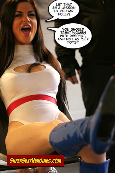 Power Girl kicking man across room