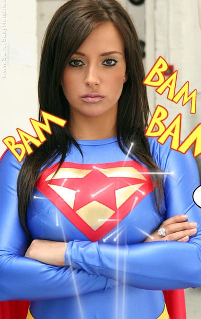 Sexy supergirl in blue and red sexy spandex shiny costume