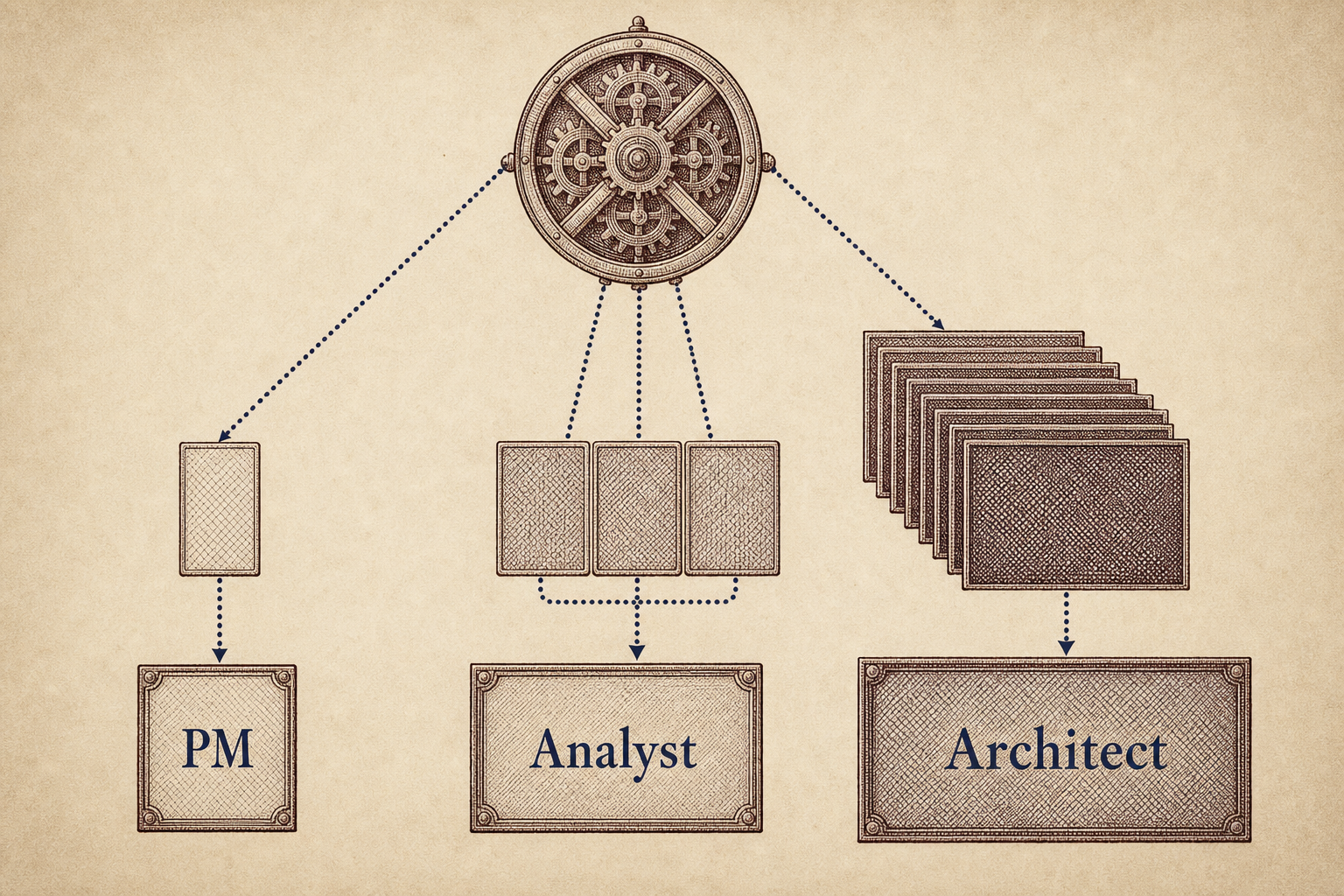 Multi-agent orchestrator routing diagram showing different agent profiles receiving different pyramid layers
