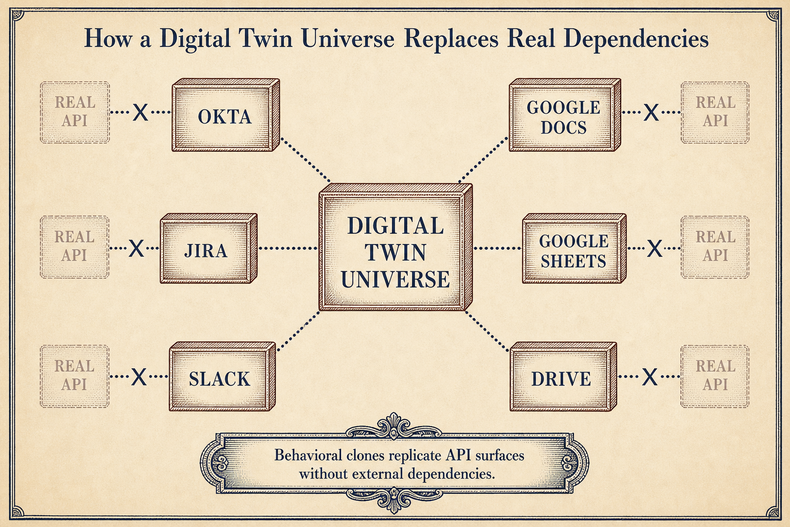 Digital Twin Universe architecture connecting Okta, Jira, Slack, Google Docs, Sheets, Drive services to a central DTU repository