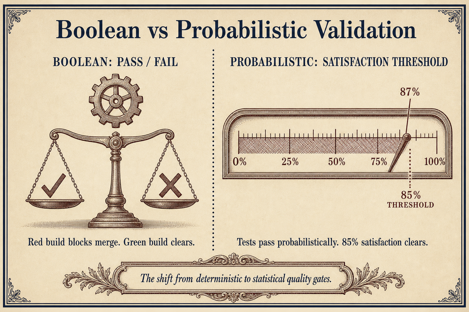 Comparison of Boolean pass-fail validation on the left and probabilistic satisfaction threshold gauge at 87% on the right