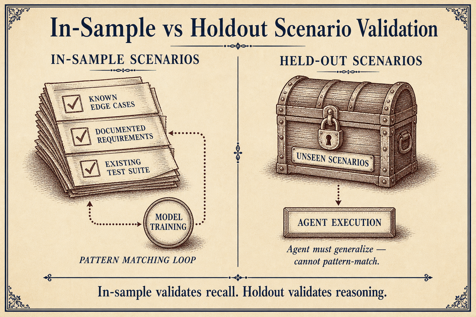 Two-column diagram comparing in-sample pattern matching loop against held-out unseen scenario validation