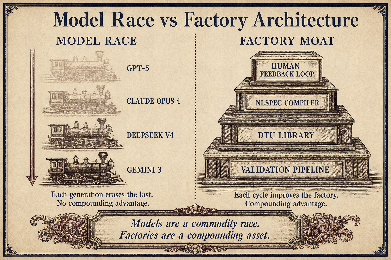 Side-by-side comparison of the model race with fading model names versus the compounding factory moat shown as a layered pyramid