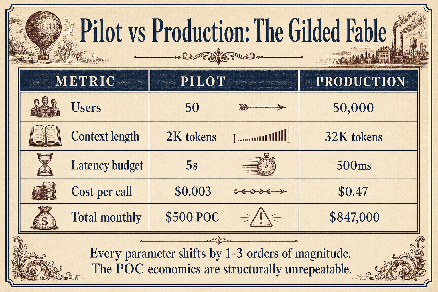 Five-row comparison table between pilot and production AI deployment parameters