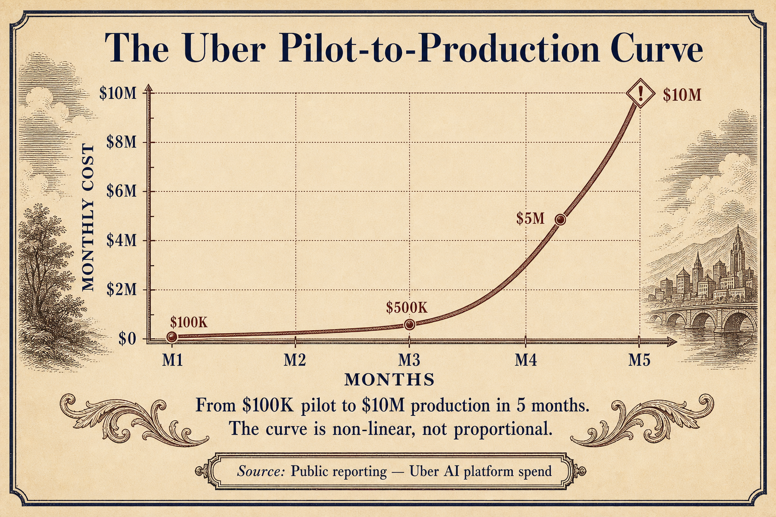 Exponential curve showing pilot spend rising from $100K at month one to $10 million at month five