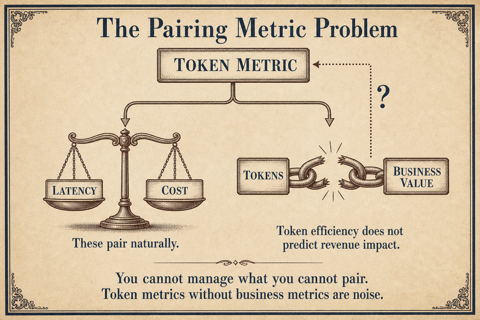 Diagram showing the broken link between token metrics and business value, with latency and cost pairing naturally