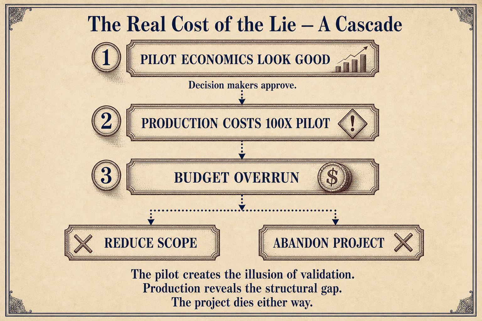 Cascade diagram showing pilot approval leading to production cost shock, budget overrun, and project abandonment