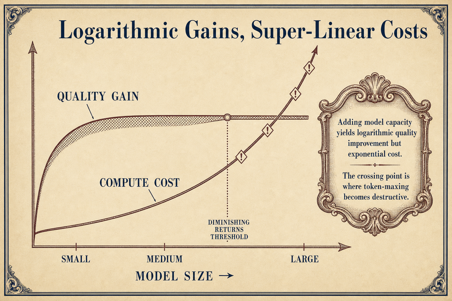 Line chart showing quality gain plateauing while compute cost curves exponentially upward above the diminishing returns threshold