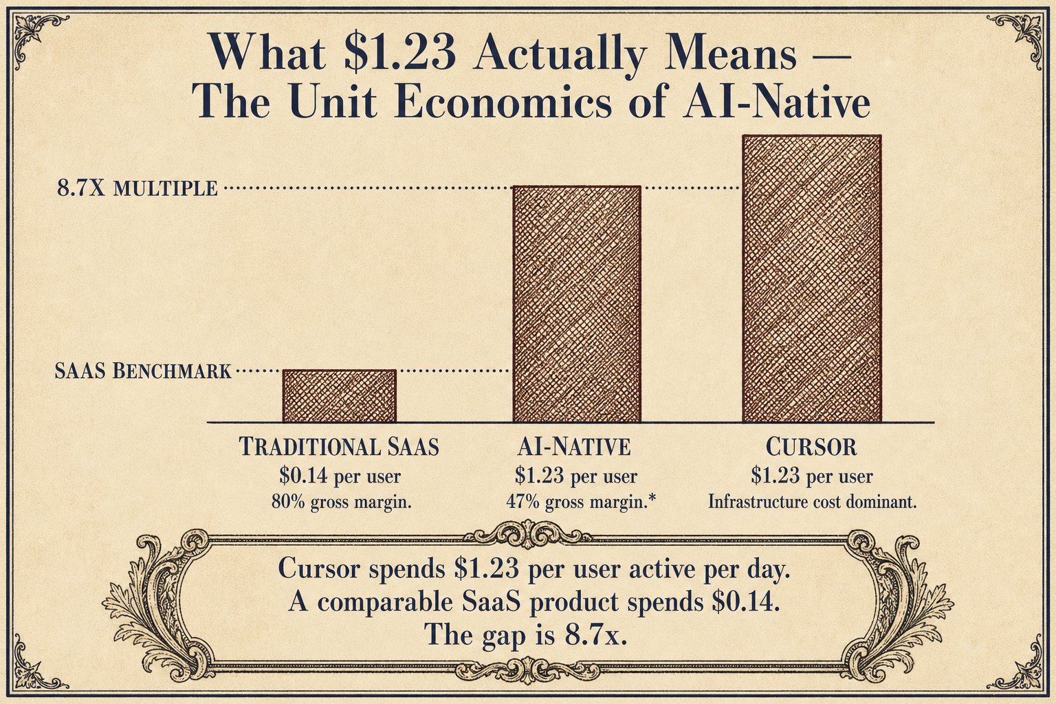 Bar chart comparing traditional SaaS at 14 cents per user, AI-native at one dollar twenty-three, and Cursor at one dollar twenty-three