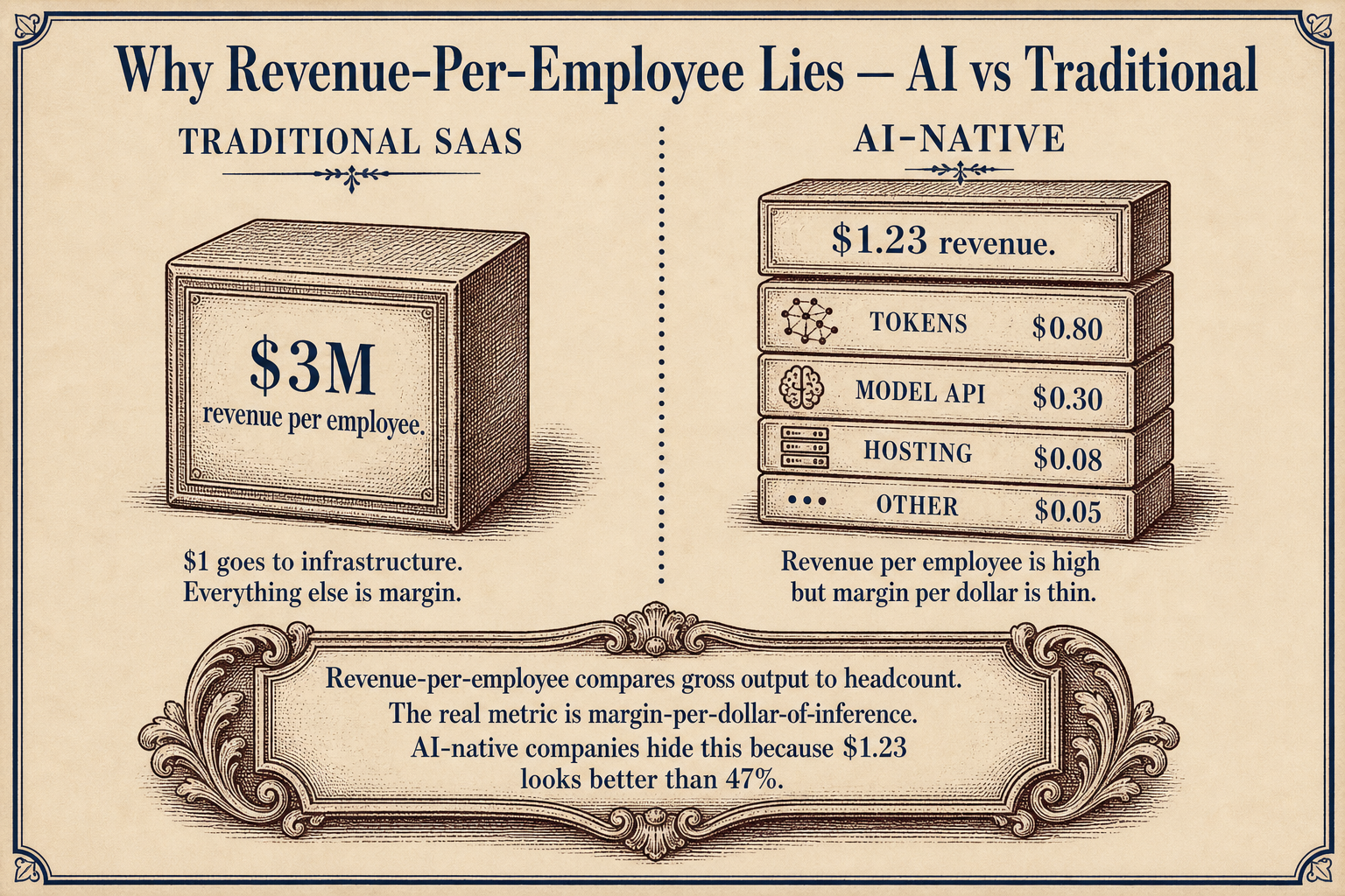 Two-column comparison of traditional SaaS with clean margin versus AI-native with a cost stack consuming most revenue