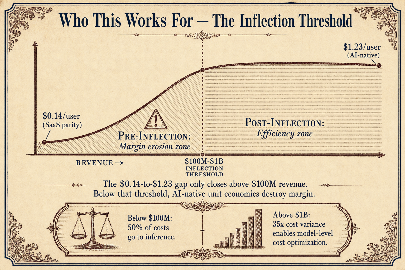 Line chart with an inflection threshold at 100 million to 1 billion dollars revenue showing pre- and post-inflection efficiency zones