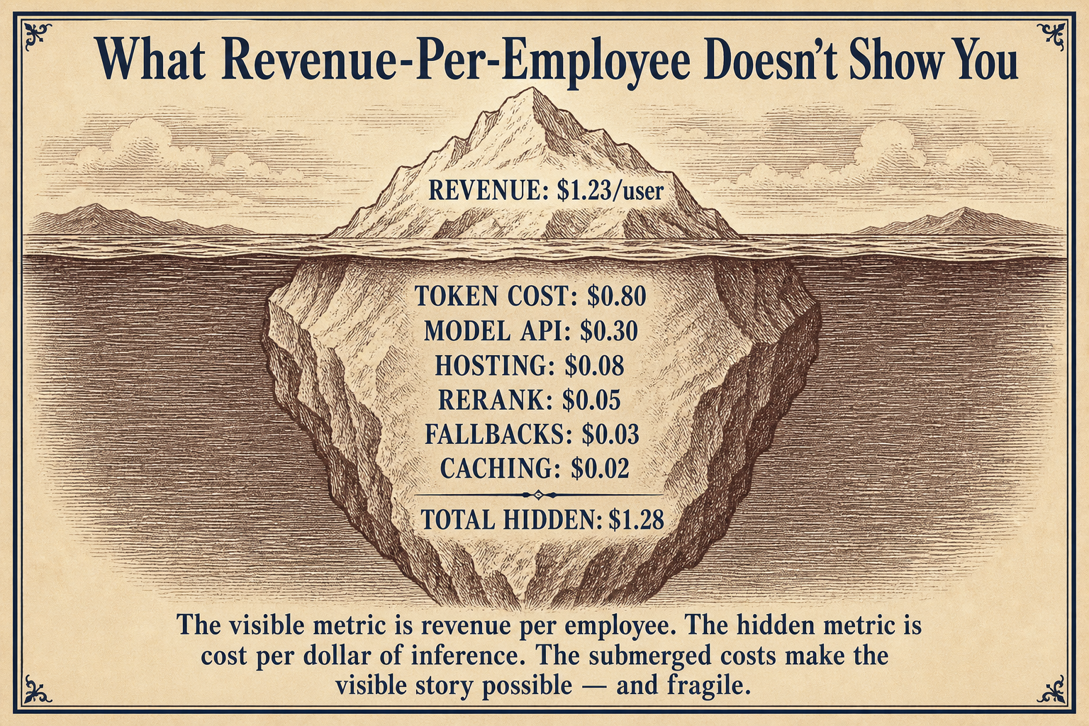 Iceberg diagram showing visible one dollar twenty-three revenue above water and one dollar twenty-eight in hidden costs below