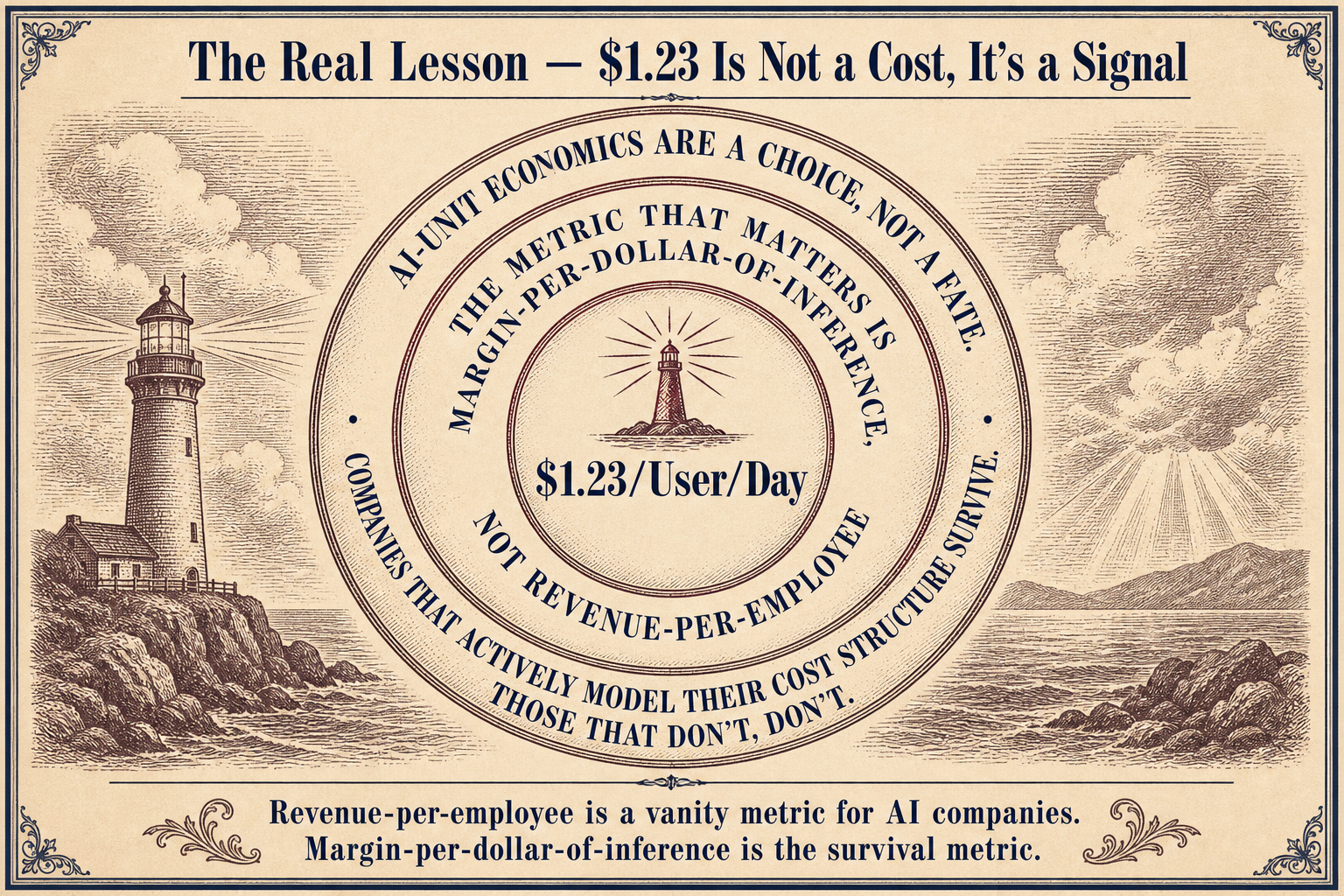 Three concentric circles radiating from one dollar twenty-three per user per day outward through margin-per-dollar-of-inference as the survival metric