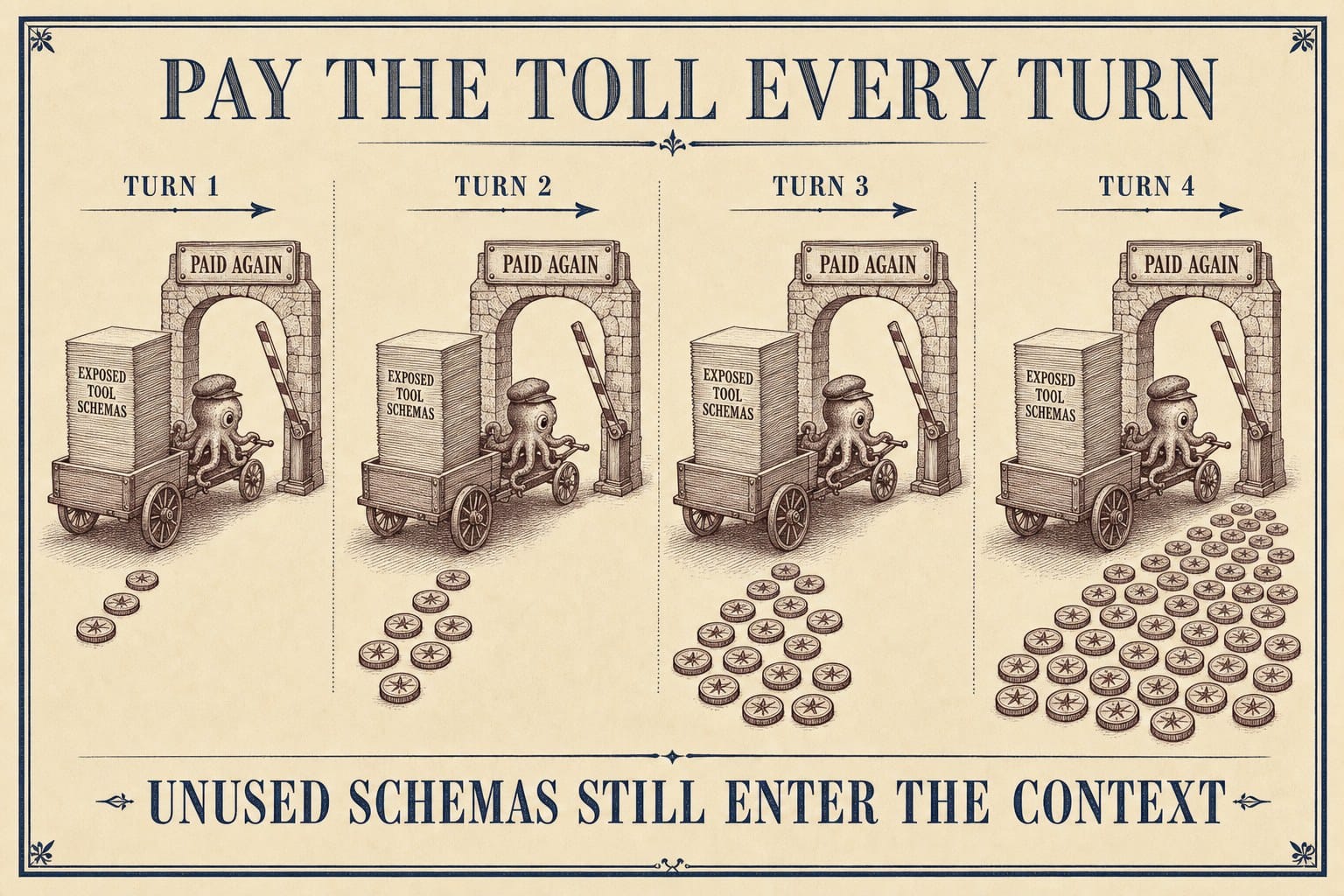 A four-turn progression shows the same exposed tool schemas passing through a paid-again toll gate while token costs accumulate.