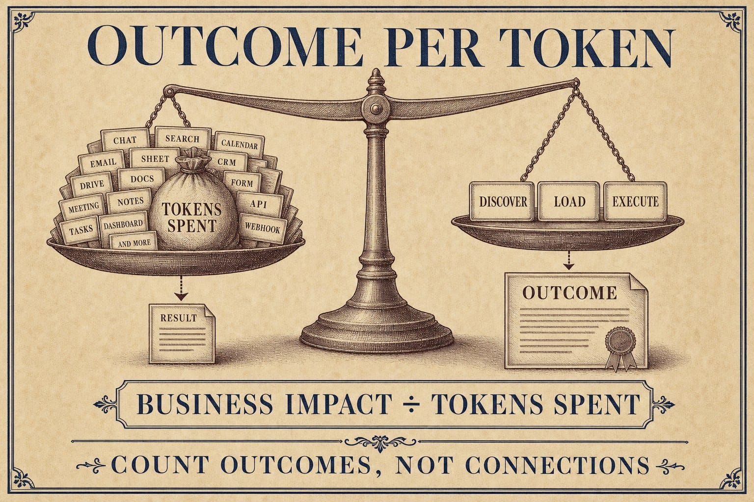A balance compares many connected tools and tokens spent with a progressive-disclosure sequence of discover, load, and execute.