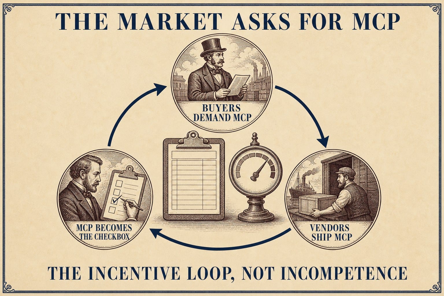 A circular loop connects buyers demanding MCP, vendors shipping MCP, and MCP becoming the procurement checkbox around an inference token meter.
