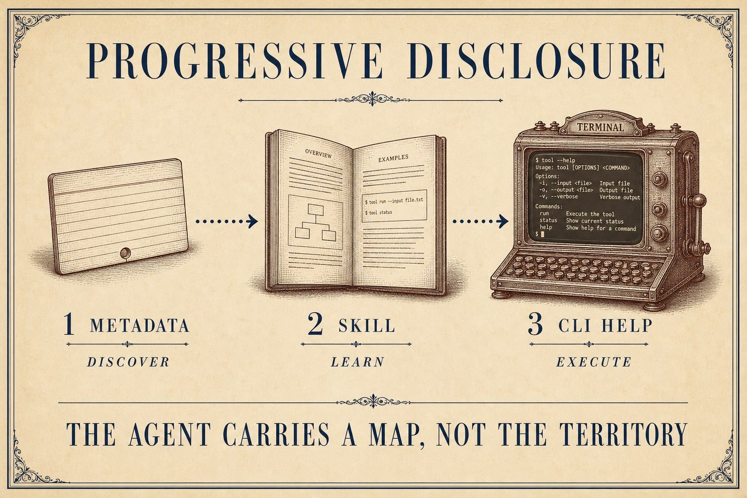 Three stages show metadata for discovery, a skill for learning, and CLI help for execution, opened only as needed.