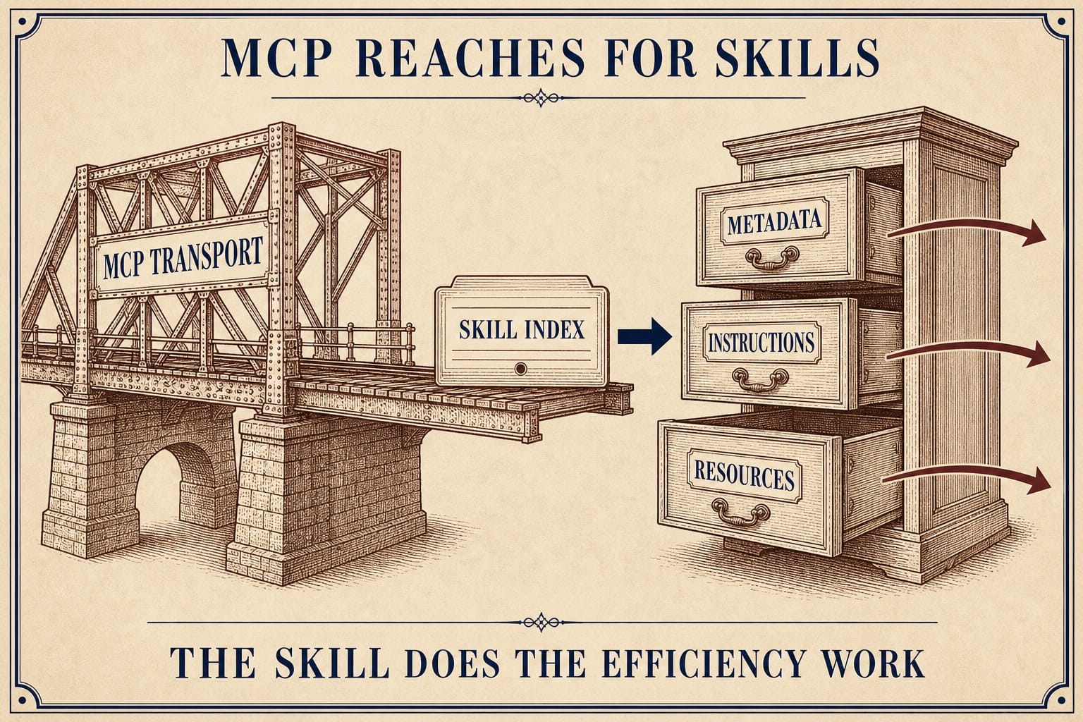 An MCP transport bridge delivers a skill index to drawers labeled metadata, instructions, and resources that open on demand.