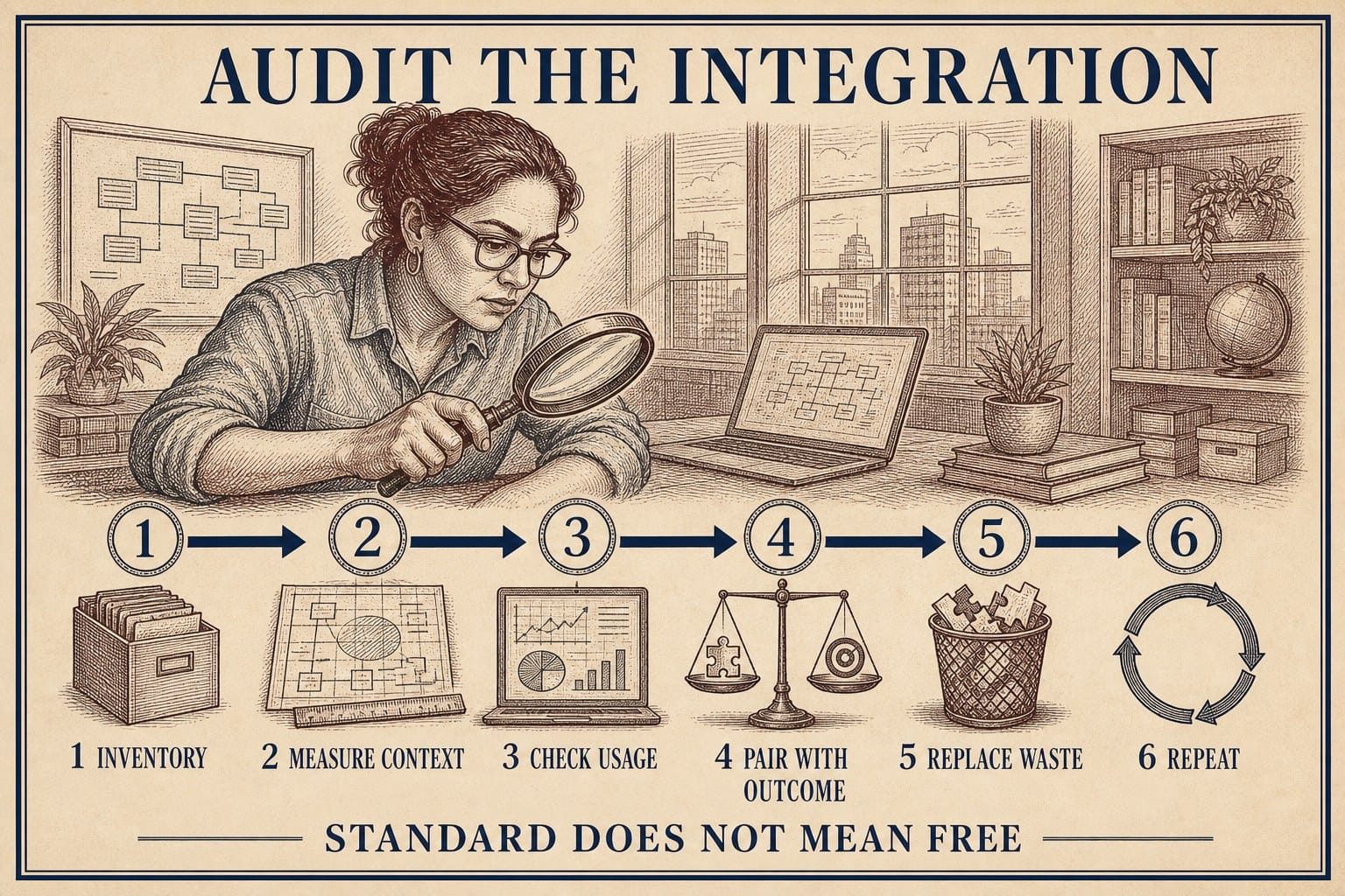 A six-step integration audit moves from inventory and context measurement through usage checks, outcome pairing, waste replacement, and repetition.