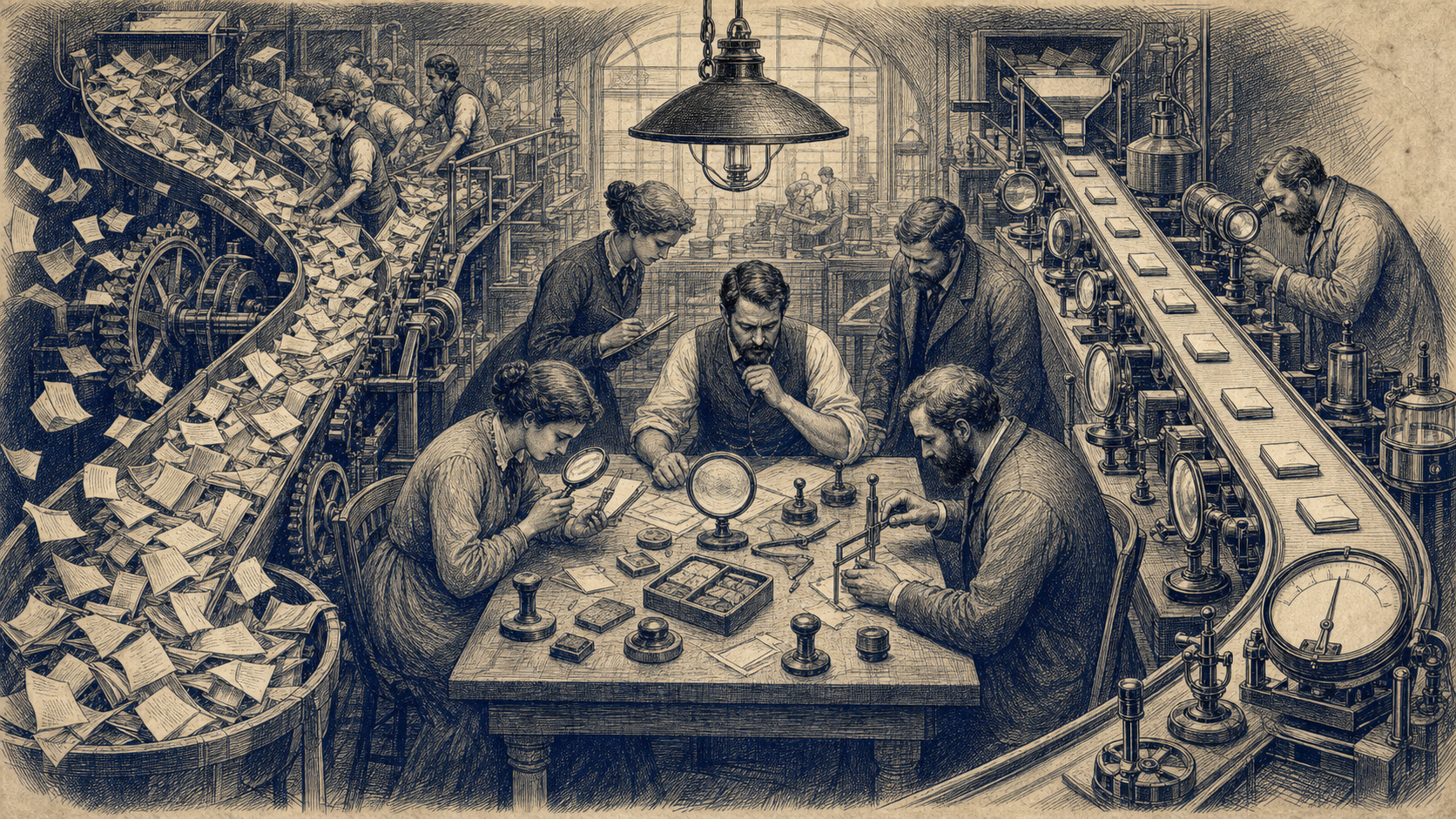 A team reviews changes at a workbench between a flood of loose patches and a measured inspection line.