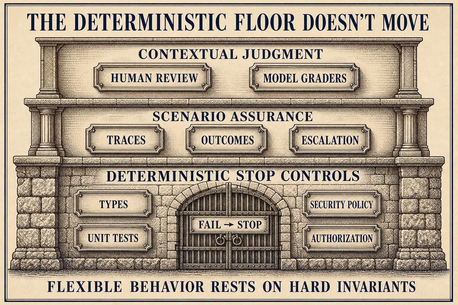 Layered plate titled ‘The Deterministic Floor Doesn't Move.’ Contextual judgment contains human review and model graders. Scenario assurance contains traces, outcomes, and escalation. Deterministic stop controls contain types, unit tests, security policy, authorization, and a ‘Fail to Stop’ gate. Bottom line: flexible behavior rests on hard invariants.