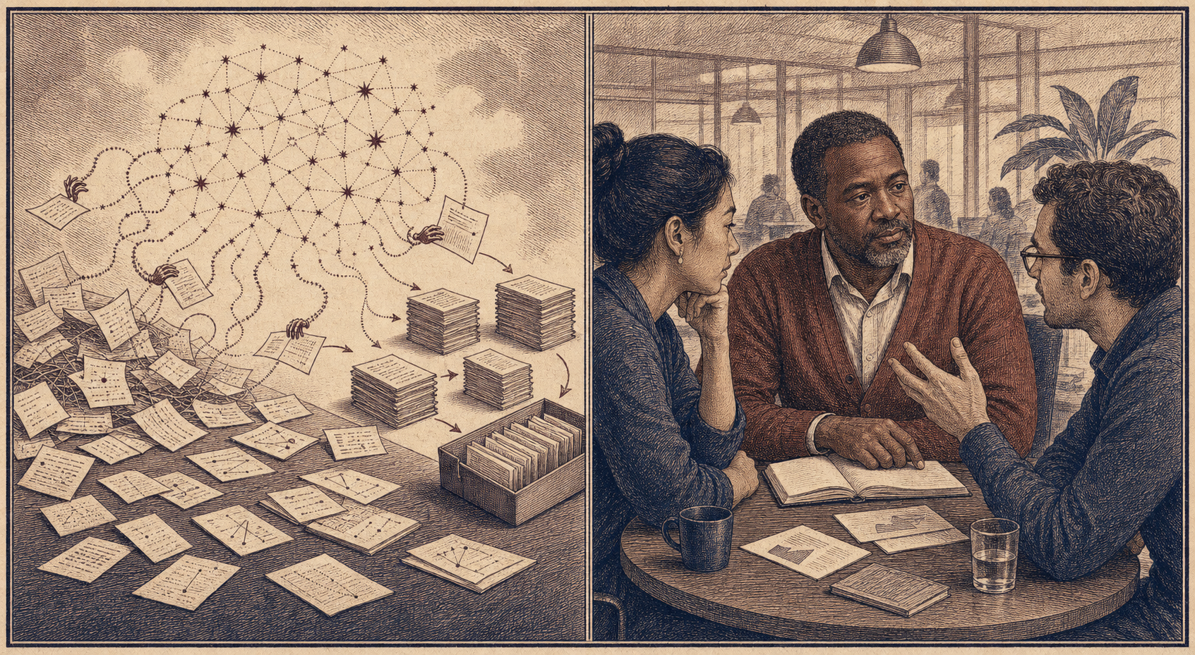 Two-panel illustration: an AI coworker organizes scattered work while people focus on an attentive conversation.