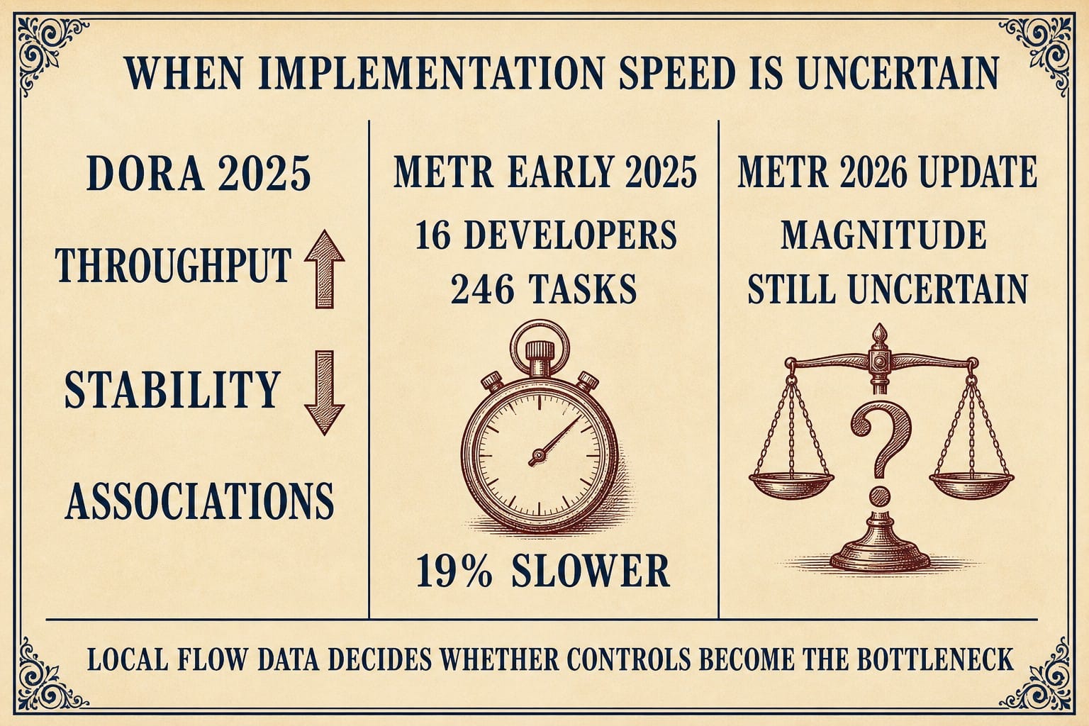 Evidence plate titled ‘When Implementation Speed Is Uncertain.’ DORA 2025: throughput up, stability down, associations. METR early 2025: 16 developers, 246 tasks, 19% slower. METR 2026 update: magnitude still uncertain. Bottom line: local flow data decides whether controls become the bottleneck.