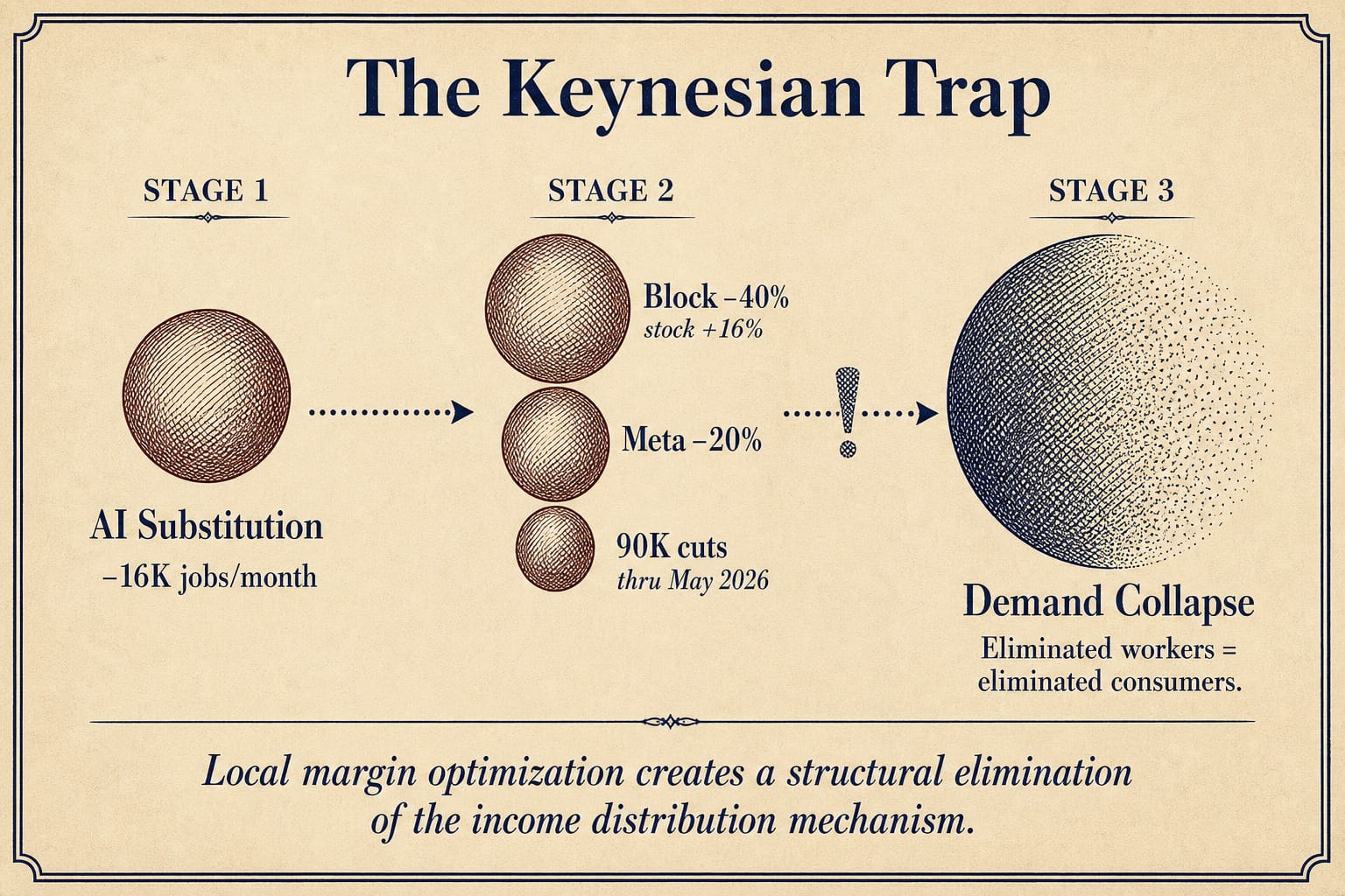 Three-stage cascade diagram: AI substitution leads to mass layoffs at Block, Meta, and 90K total cuts, which leads to demand collapse as eliminated workers become eliminated consumers