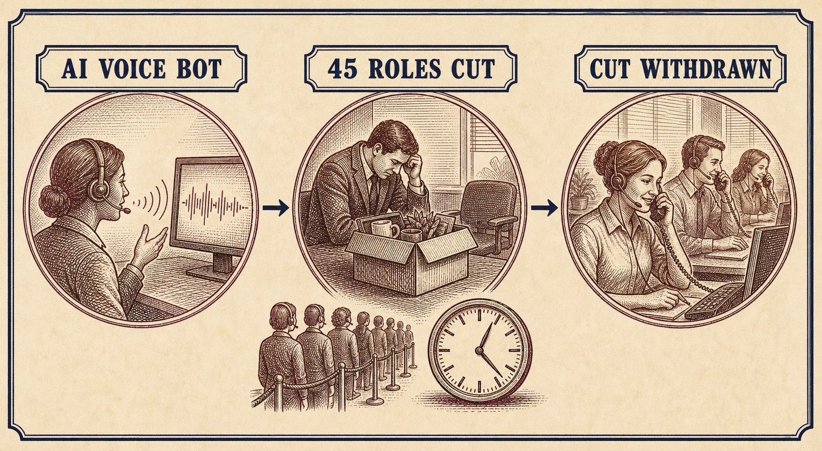 Three-stage flow from AI voice bot to 45 proposed role cuts and a withdrawn cut.