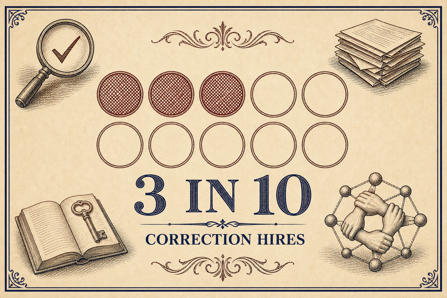 Ten-circle grid with three filled circles representing correction hires after AI-related cuts.