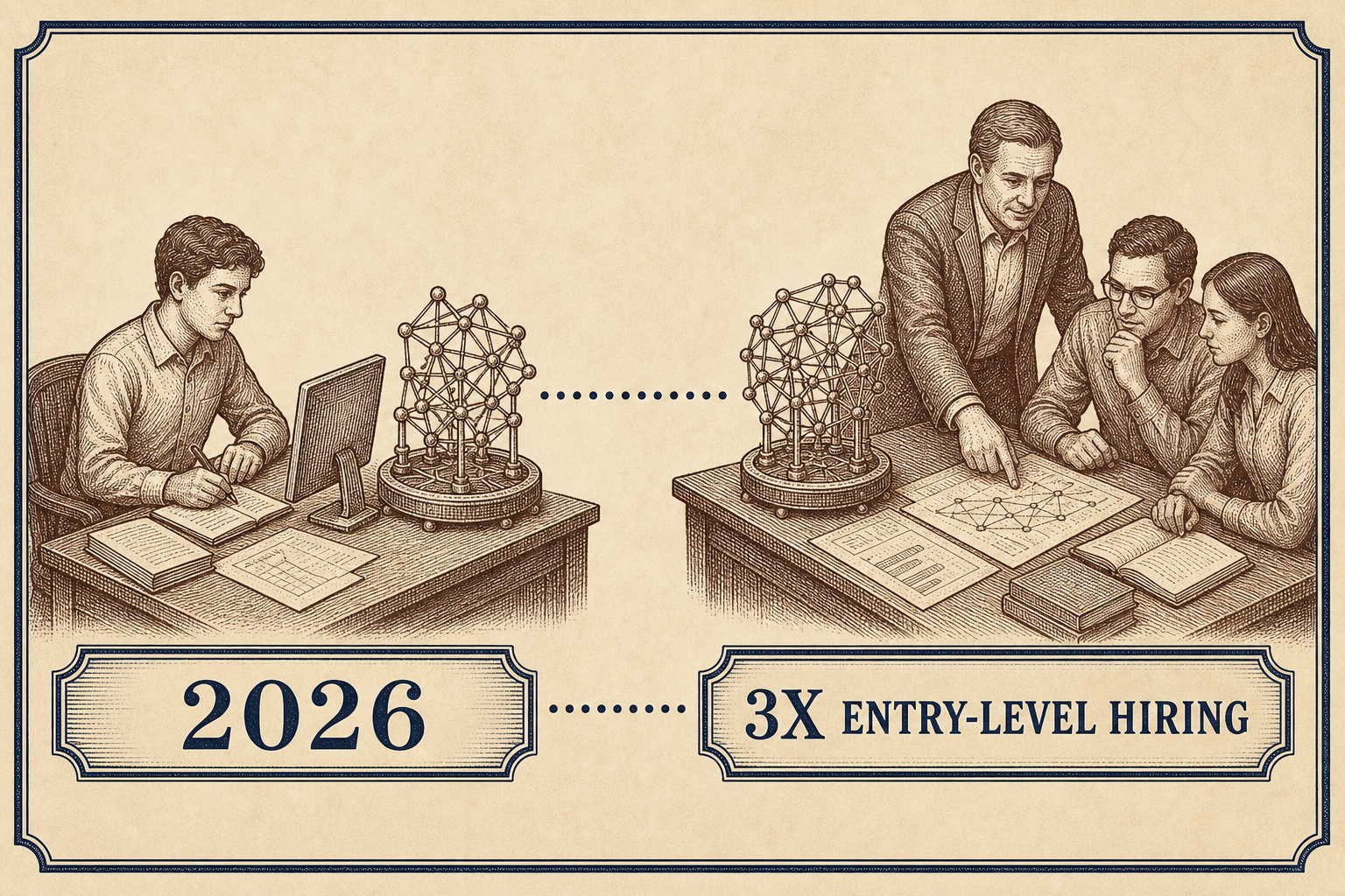 Entry-level worker learning beside a data tool and an experienced team, labeled 2026 and three-times entry-level hiring.