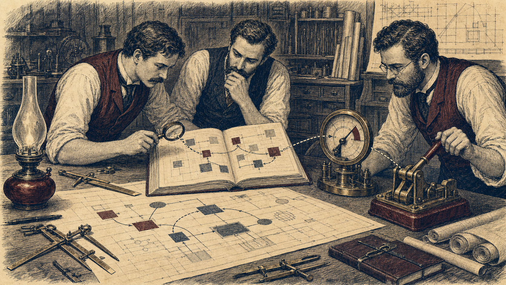 Three engineers trace a change through a repository ledger, review lens, testing gauge, and recovery lever.