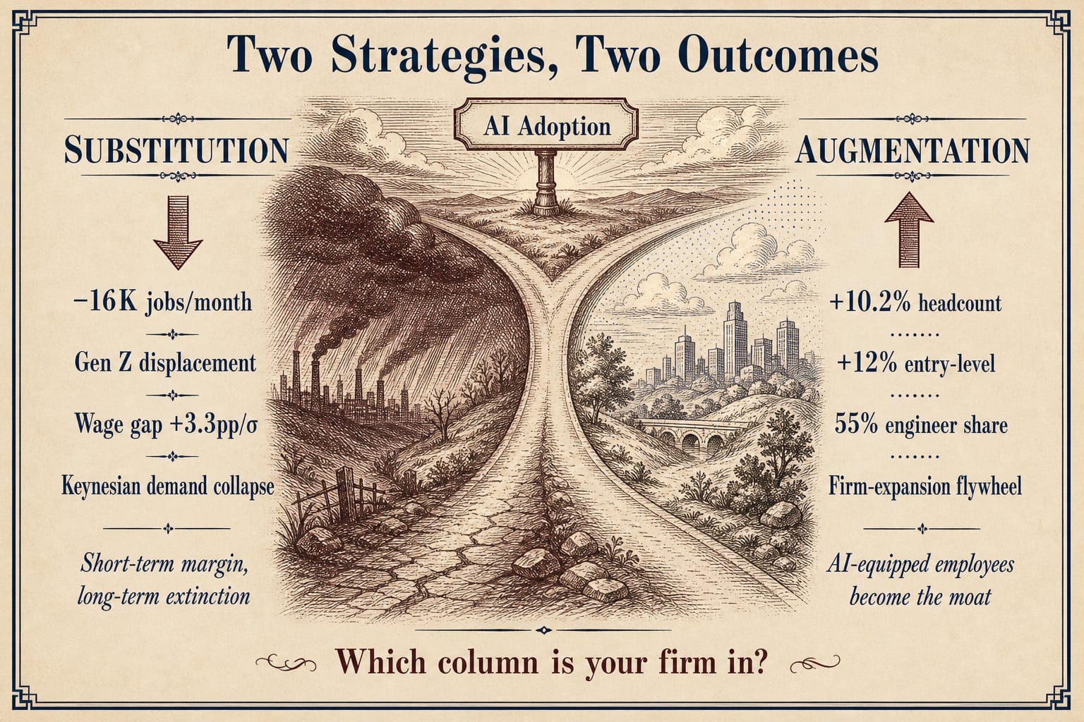 Fork-in-the-road diagram: the substitution path leads to 16K jobs lost per month, Gen Z displacement, wage gaps, and Keynesian demand collapse; the augmentation path leads to 10.2% headcount growth, 12% entry-level hiring, 55% engineer share, and a firm-expansion flywheel