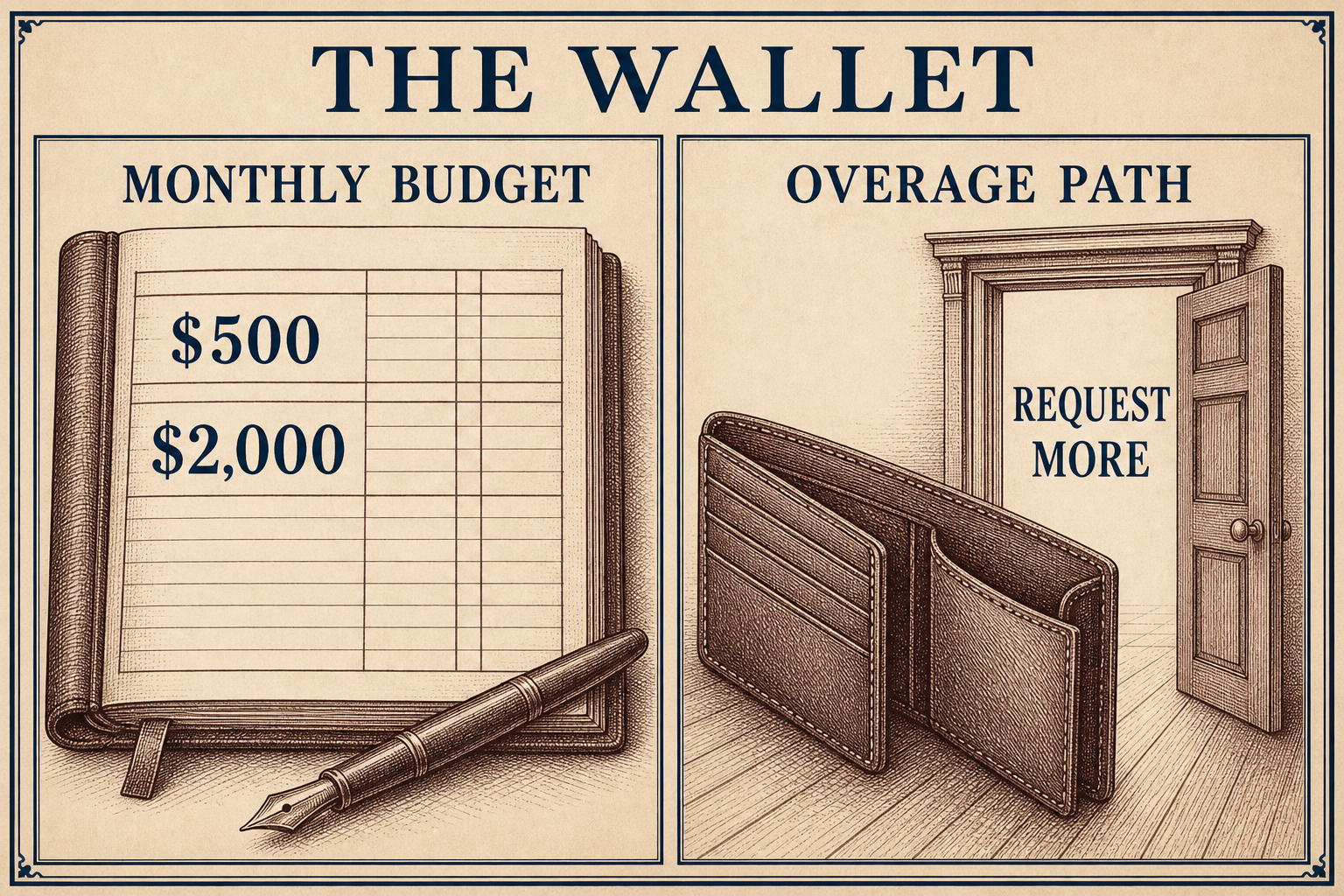 Editorial plate titled The Wallet. A monthly budget ledger shows $500 and $2,000, while an overage path shows an empty wallet leading to a door labeled Request More.