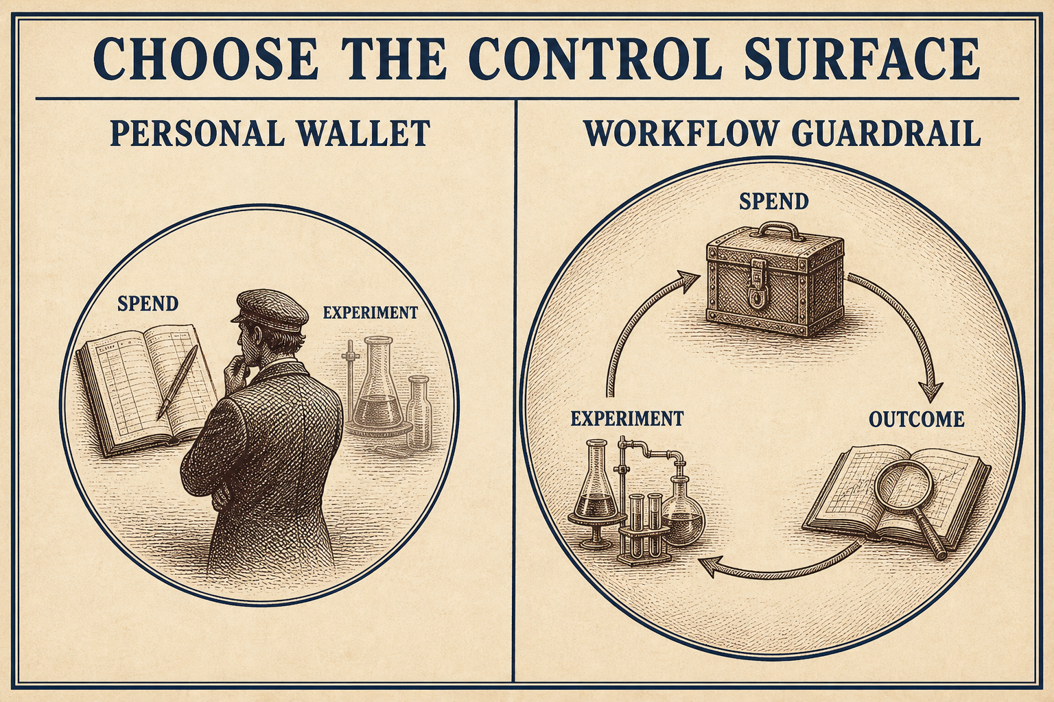Comparison plate titled Choose the Control Surface. Personal Wallet contains Spend and Experiment inside one circle, while Workflow Guardrail separates Spend, Experiment, and Outcome.