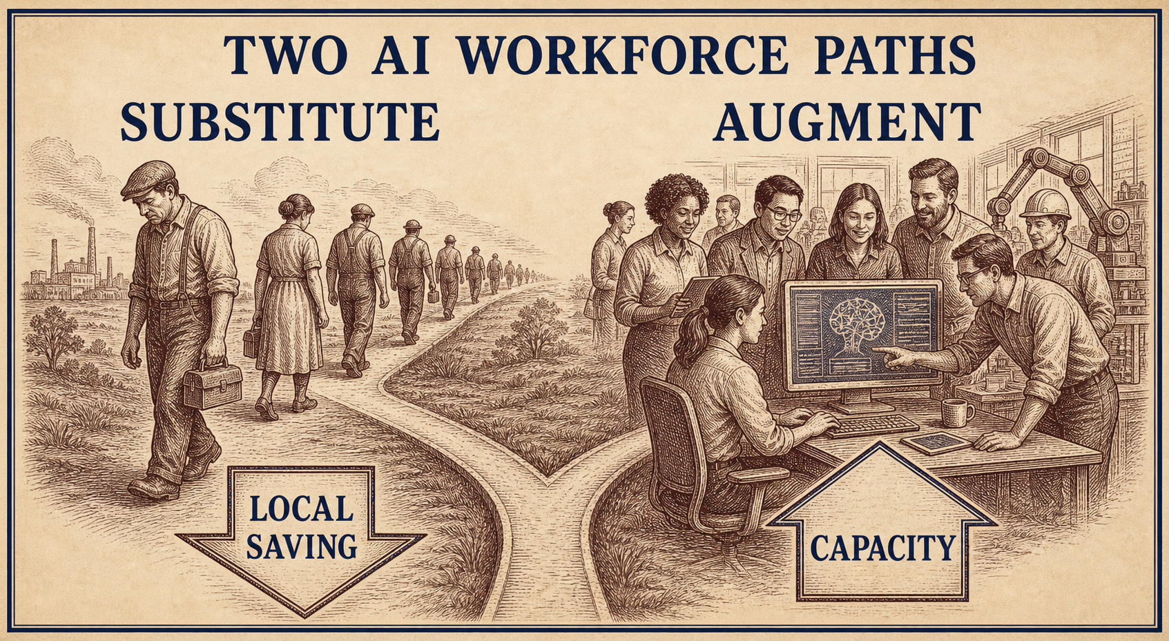 Two AI Workforce Paths comparison. Substitute leads to Local Saving and a shrinking workforce; Augment leads to Capacity and a collaborative growing workforce.