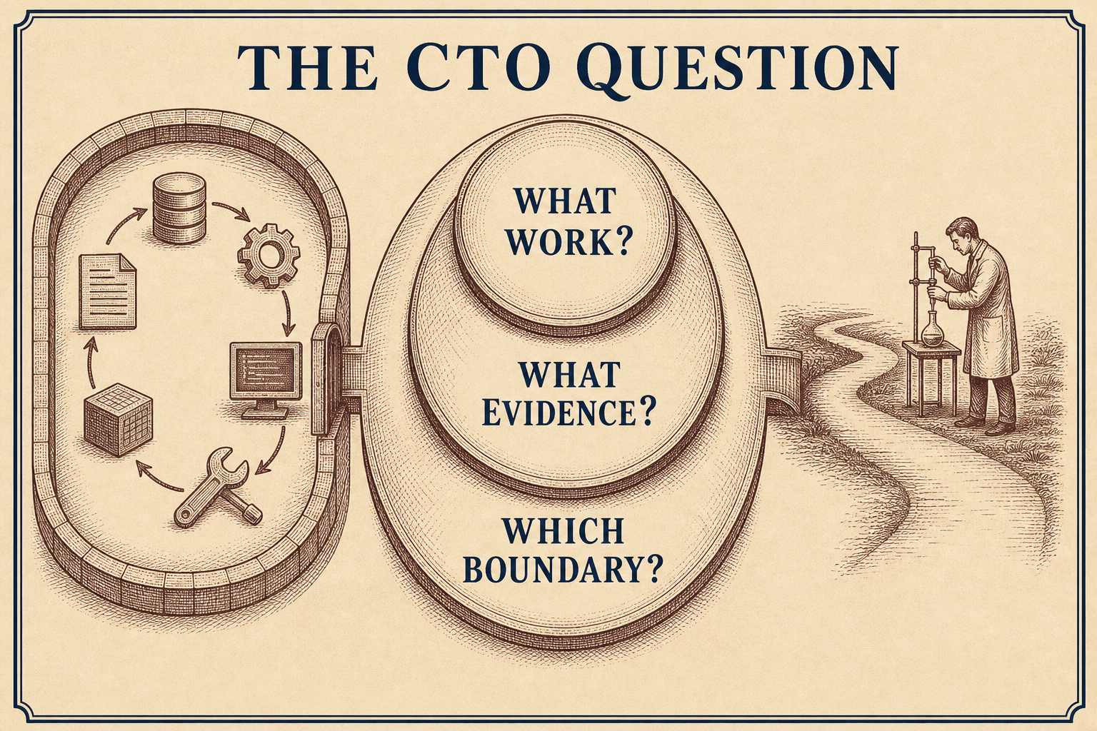 Decision plate titled The CTO Question. Three concentric steps ask What Work?, What Evidence?, and Which Boundary?, beside a looping tool system and a human experiment path.