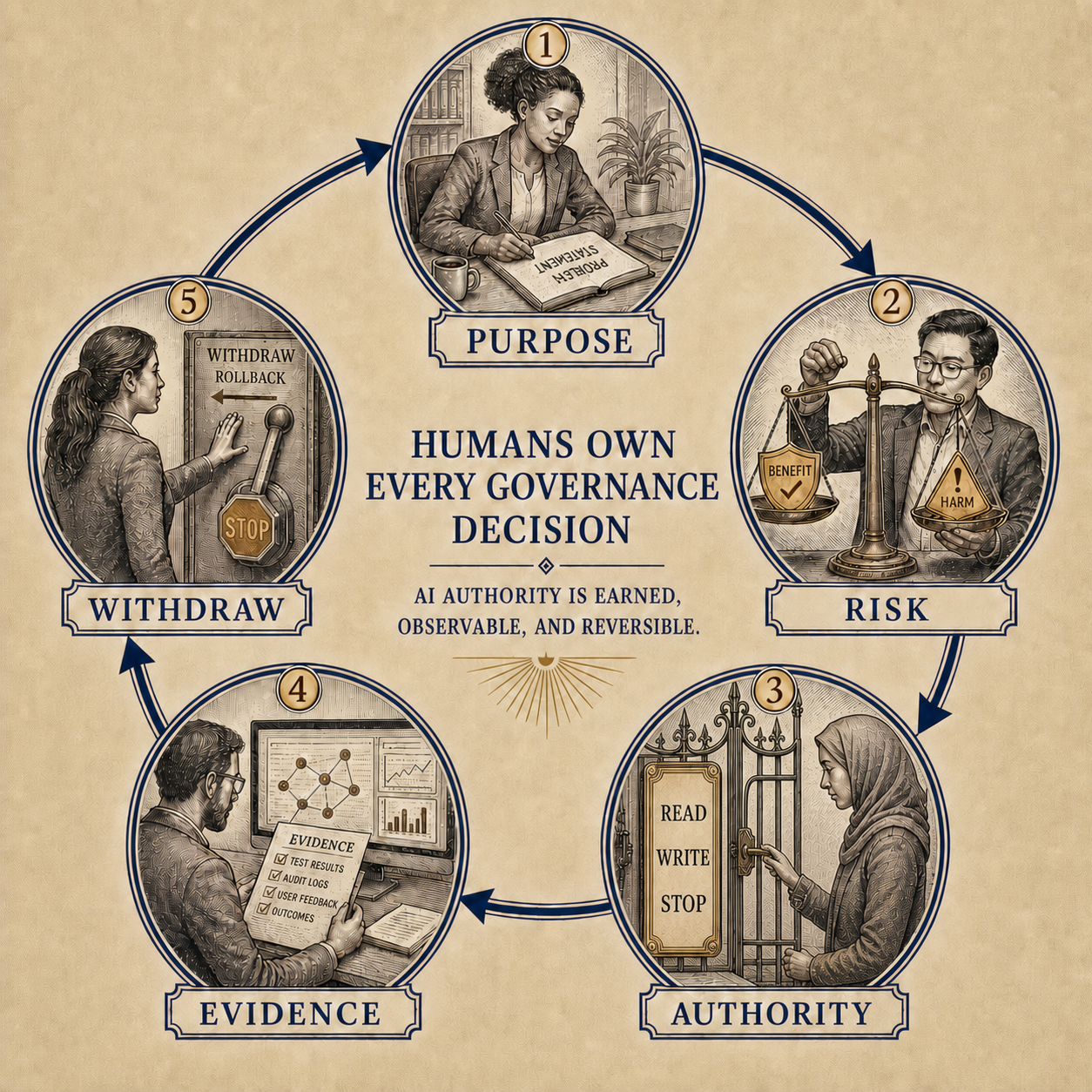 Five human-owned governance stages: purpose, risk, authority, evidence, and withdrawal.