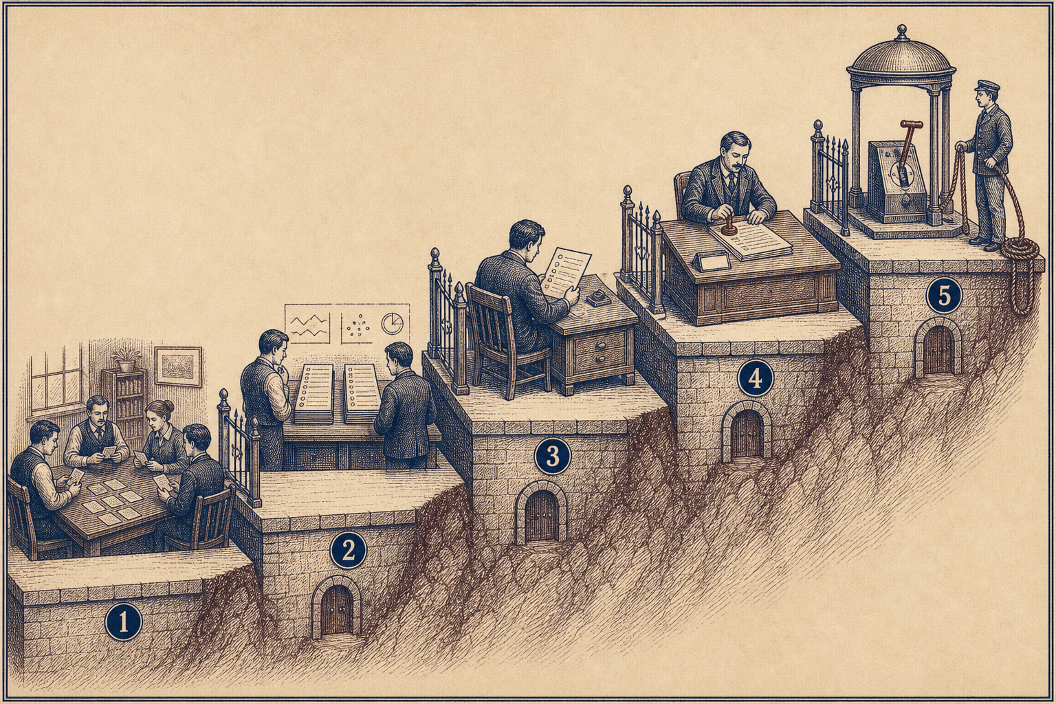 Five numbered terraces show people reviewing evidence before a final guarded action.