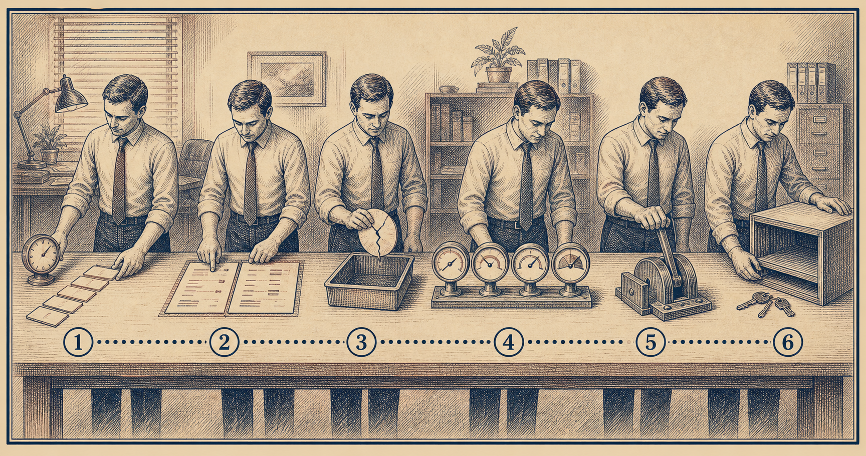 Six numbered conceptual workstations show a person sorting records, comparing documents, checking gauges, operating a control, and closing a cabinet.
