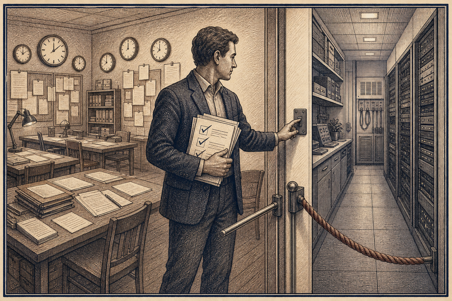 A person carrying checked evidence pauses at a roped entrance to a live server room.