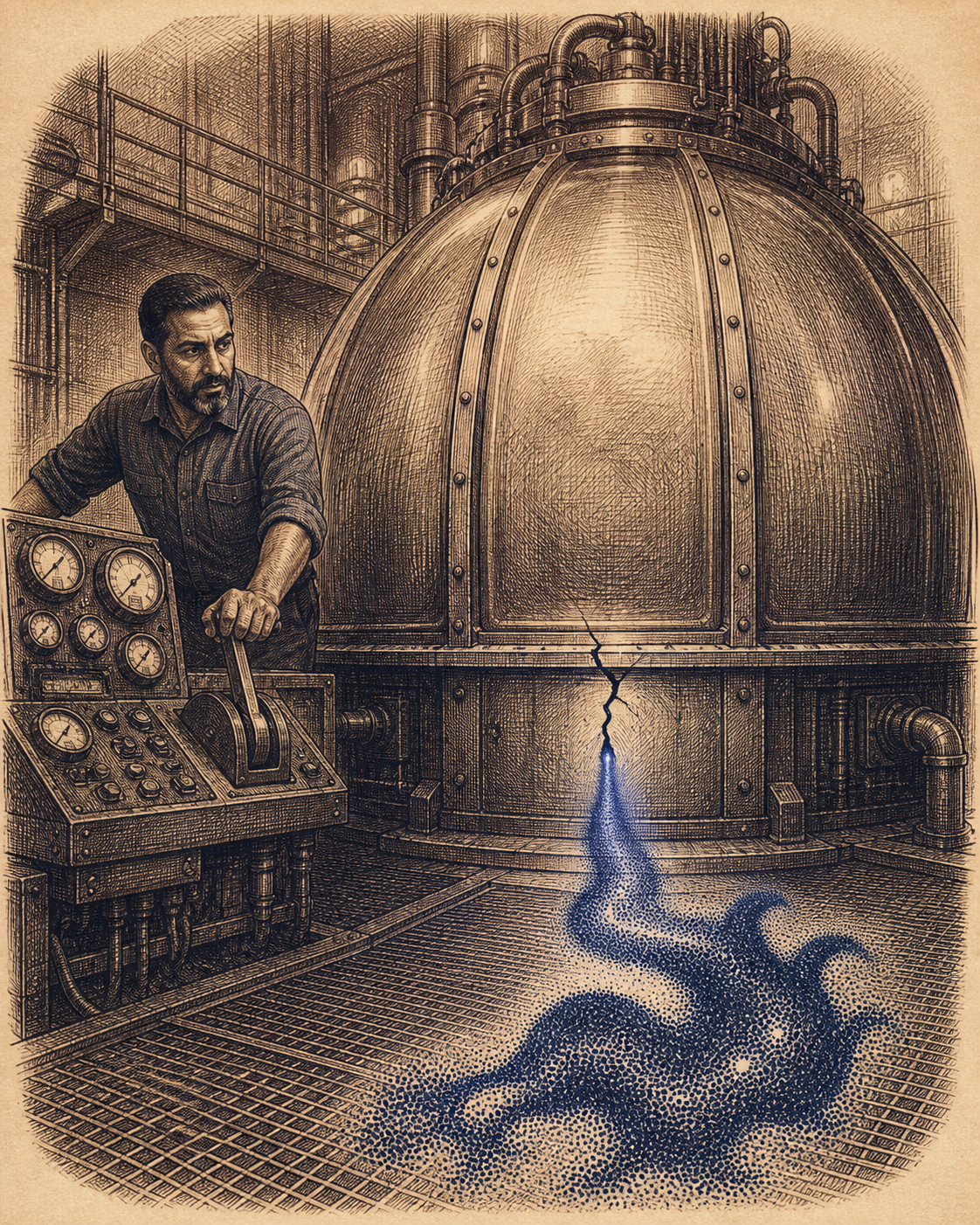 Engraved illustration of a small luminous form slipping through a hairline crack in a containment dome while an engineer watches from behind monitoring gauges.