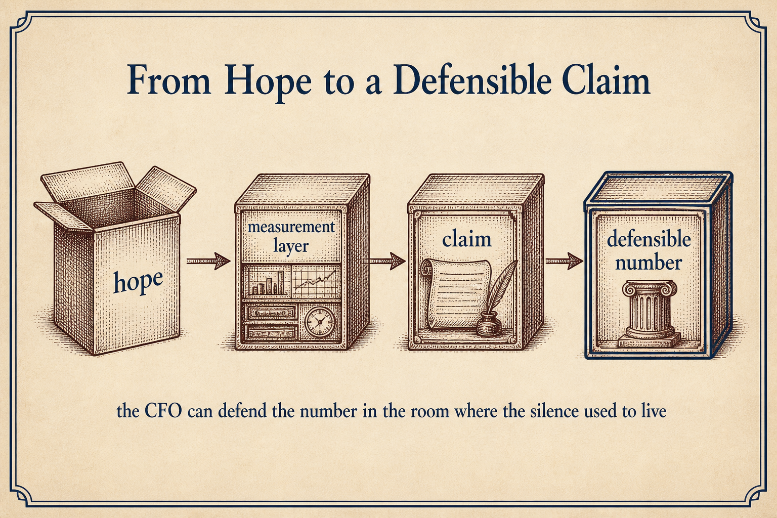 Vintage steel engraving process diagram from hope through the measurement layer to a claim and a defensible number