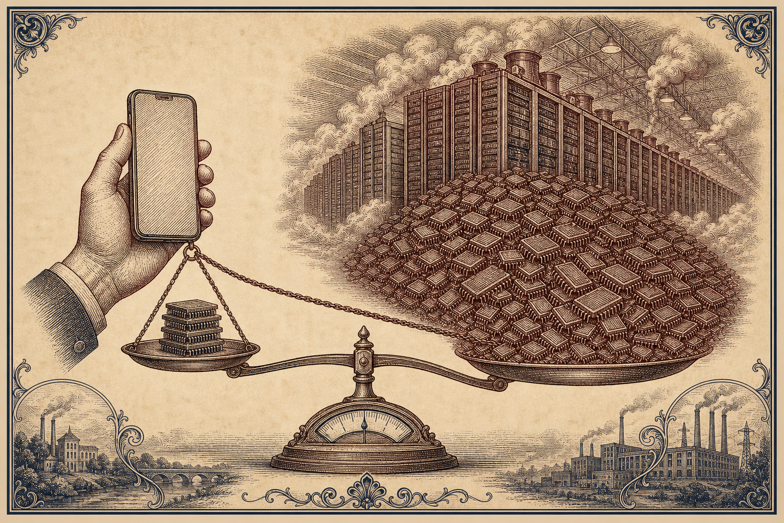 Engraved balance scale weighing a smartphone and a small stack of memory chips against a vast data center hall.