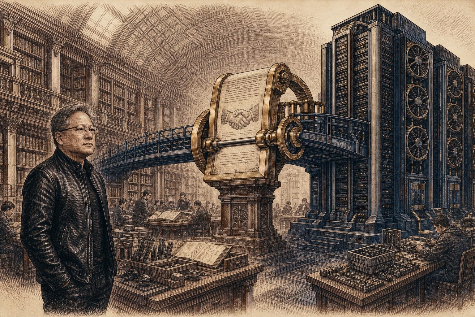 Engraved library and compute tower connected by an acquisition mechanism, representing NVIDIA bringing Hugging Face’s open model commons under its ownership.