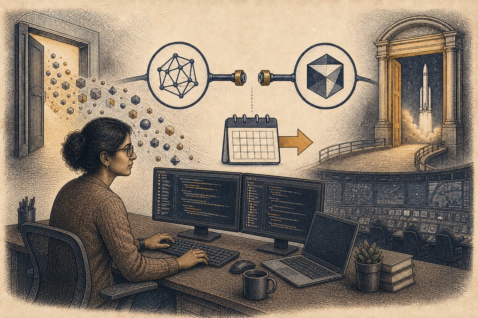 Engraved developer workstation with a scheduled model-access transition, representing OpenAI winding down its Cursor partnership after Cursor’s SpaceX acquisition.