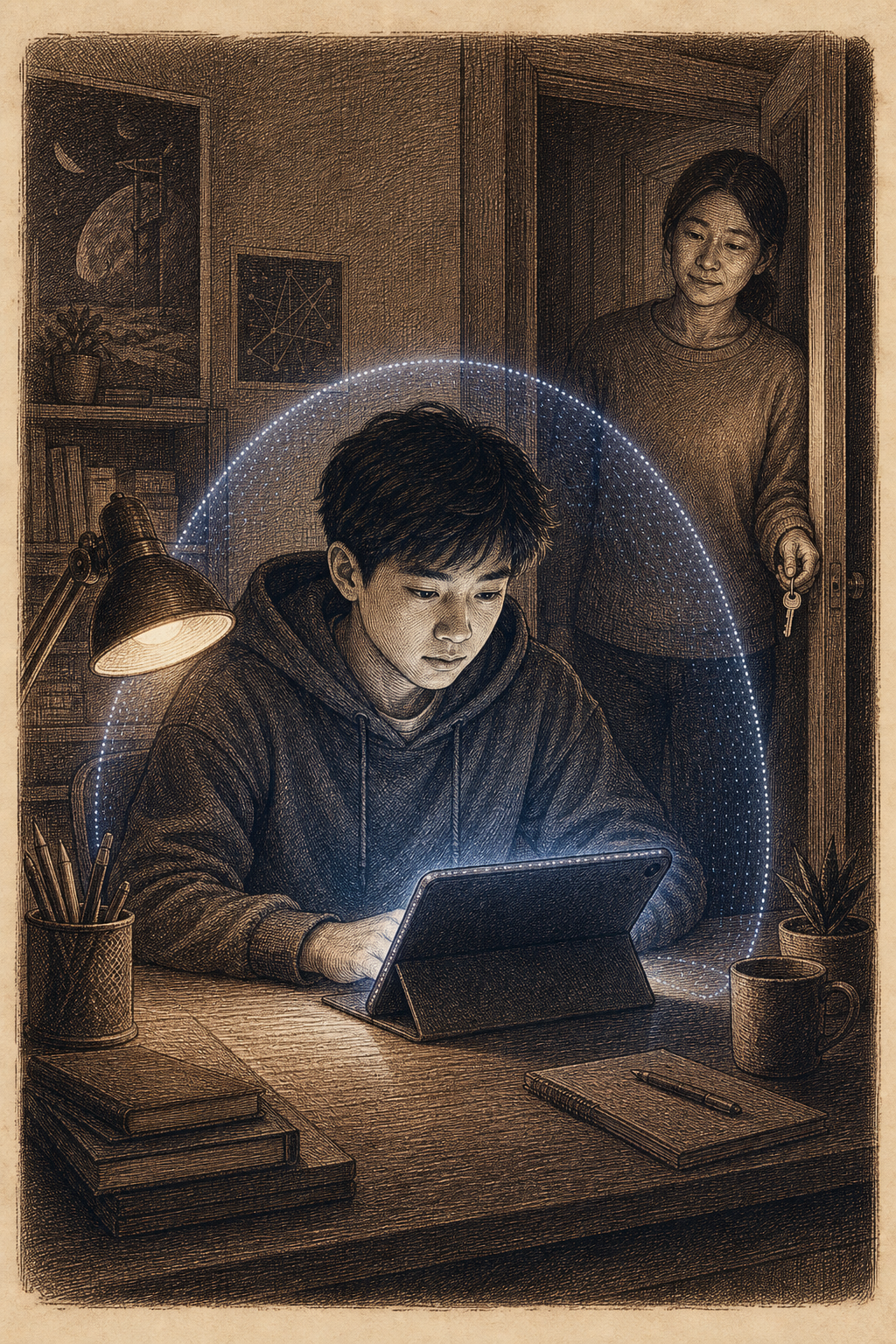 Engraved illustration of a teenager at a desk with a glowing tablet, a protective arc of dotted lines drawn around the device, a parent watching from a doorway.