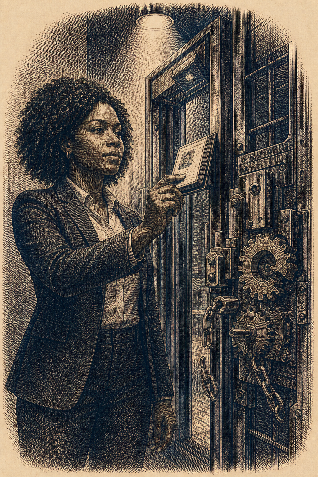 Engraved illustration of a researcher holding an identification document before a verification gate whose lock mechanism has a broken gear.