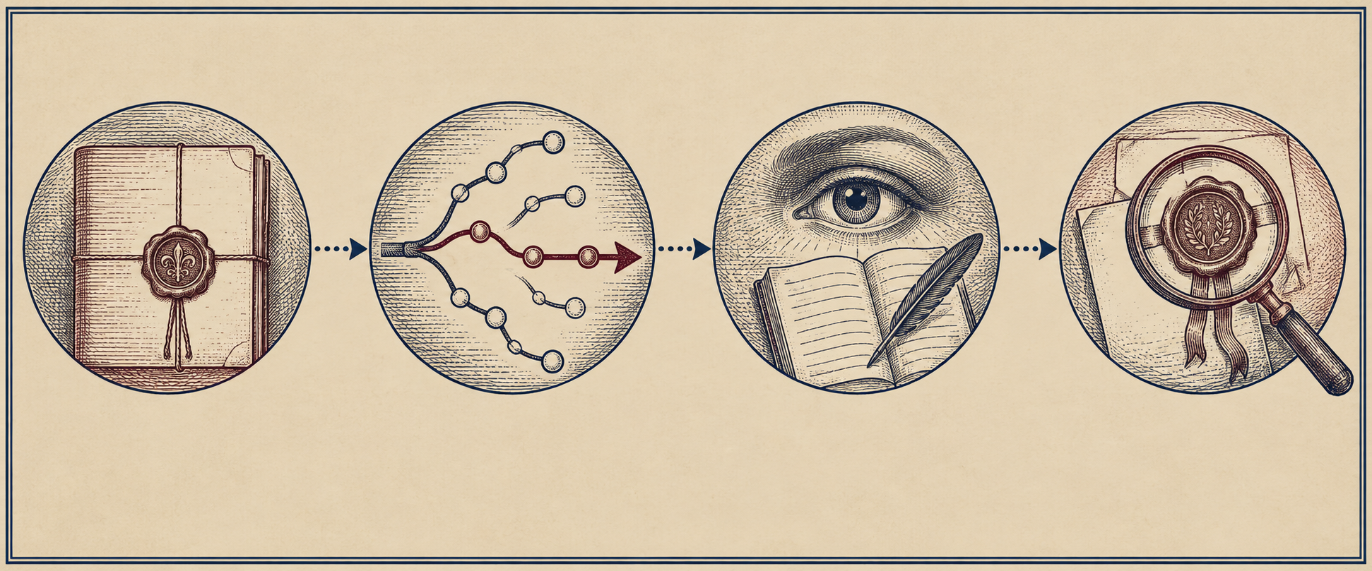 Four engraved symbols represent a policy seal, a live route, an observation journal, and an independent verification seal connected left to right.